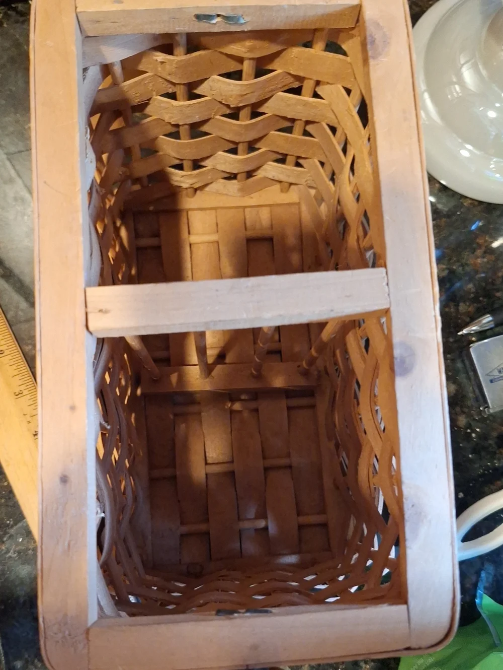 Hand Crafted Natural Wood Woven Basket with Tall Handle